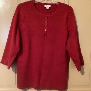 d & Co Dark Red Rib Knit Henley Style Pullover Sweater. 3/4 Sleeves. Size 1X